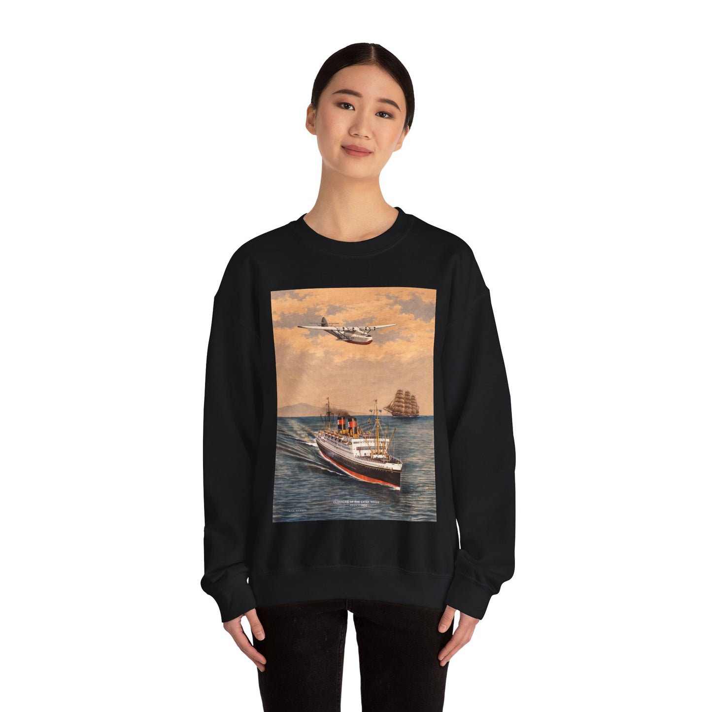 The China Clippers, by H. Shimidzu Black Heavy Blend Adult Crew Neck SweatShirt