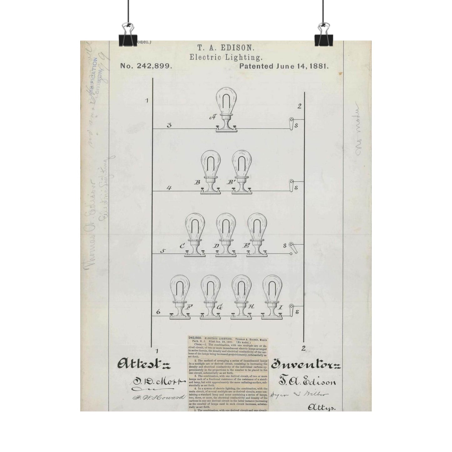 Patent drawing - for T. A. Edison's Electric Lighting Public domain  image High Quality Matte Wall Art Poster for Home, Office, Classroom