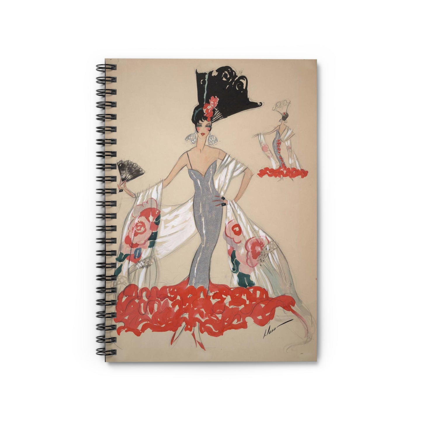 [Elegant woman in silver dress holding a fan] / John Held, Jr. Spiral Bound Ruled Notebook with Printed Cover