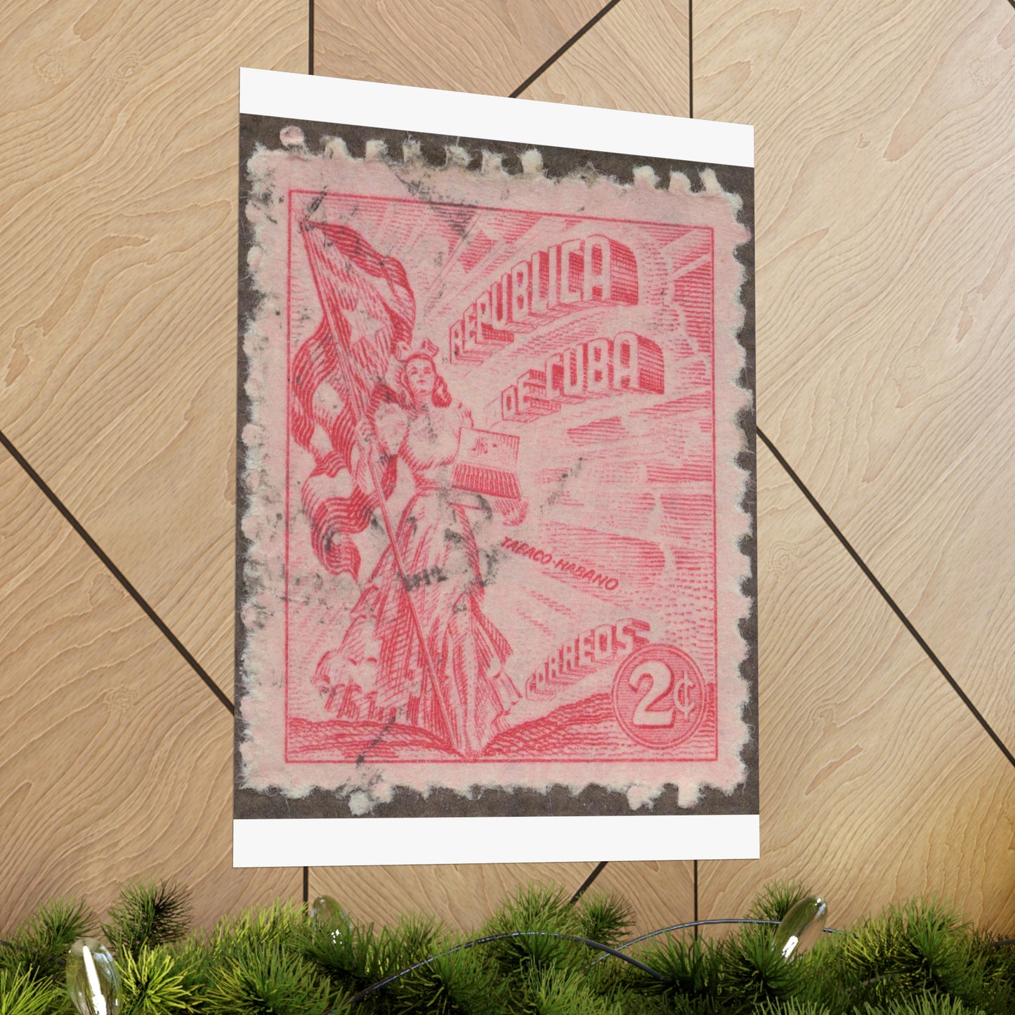 Frimärke ur Gösta Bodmans filatelistiska motivsamling, påbörjad 1950.Frimärke från Cuba, 1948. Motiv av kvinnosymbol för friheten med cigrarrlåda och flagga. High Quality Matte Wall Art Poster for Home, Office, Classroom