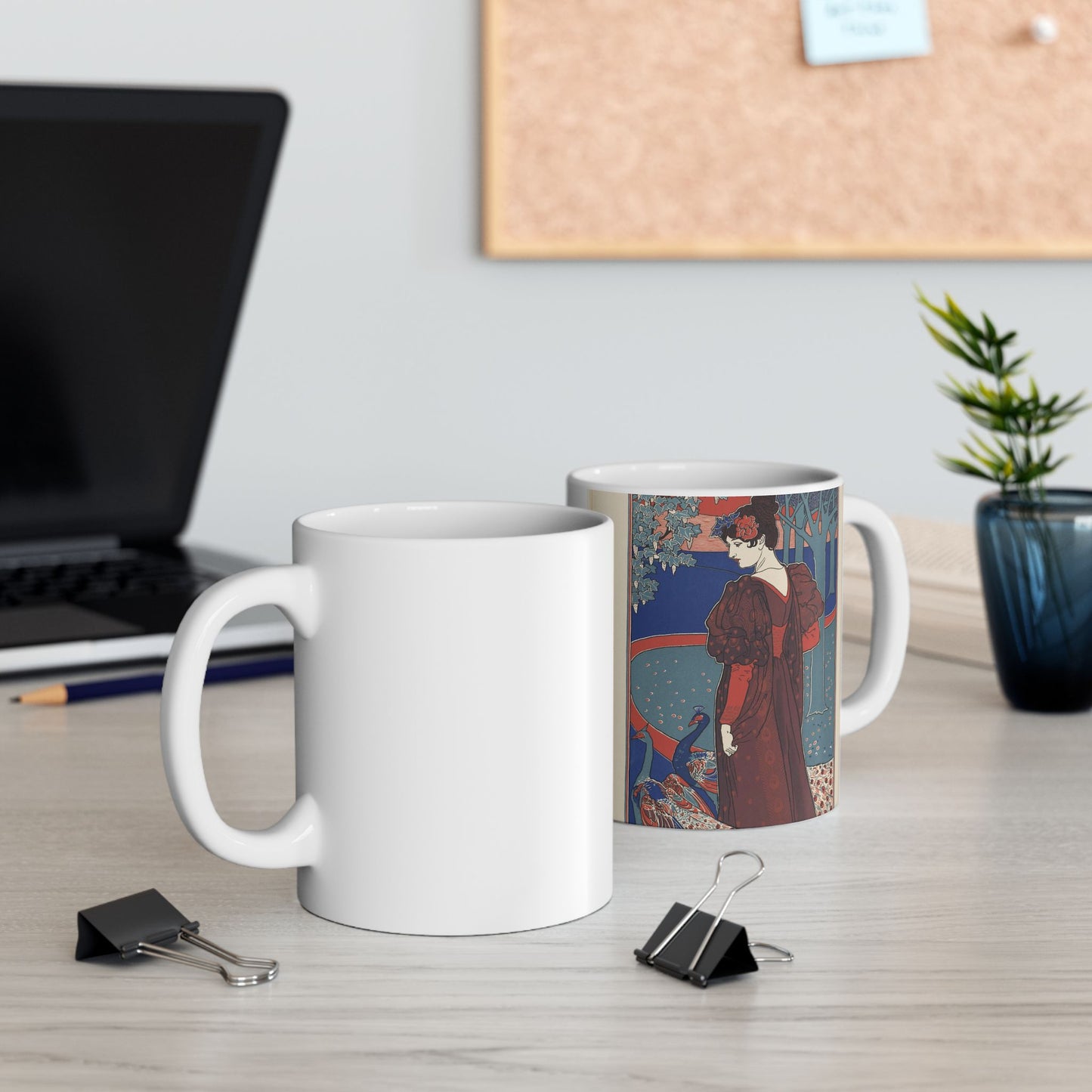 Louis Rhead - A woman stands looking at two peacocks. Beautiful Novelty Ceramic Coffee Mug 11oz