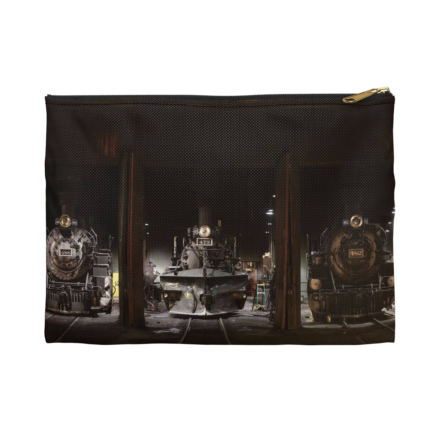 Steam locomotives in the roundhouse of the Durango & Silverton Narrow Gauge Scenic Railroad in Durango, Colorado Large Organizer Pouch with Black Zipper