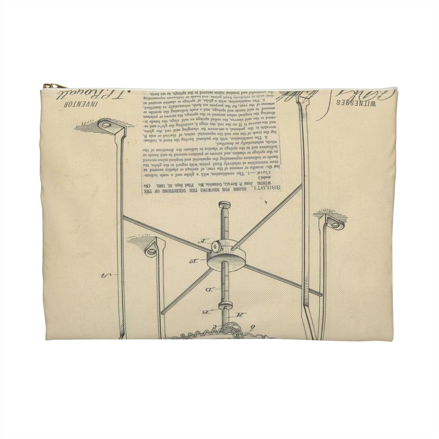 Patent Drawing of Engine - Drawing of a Globe for Showing Direction of the Winds Public domain  image Large Organizer Pouch with Black Zipper