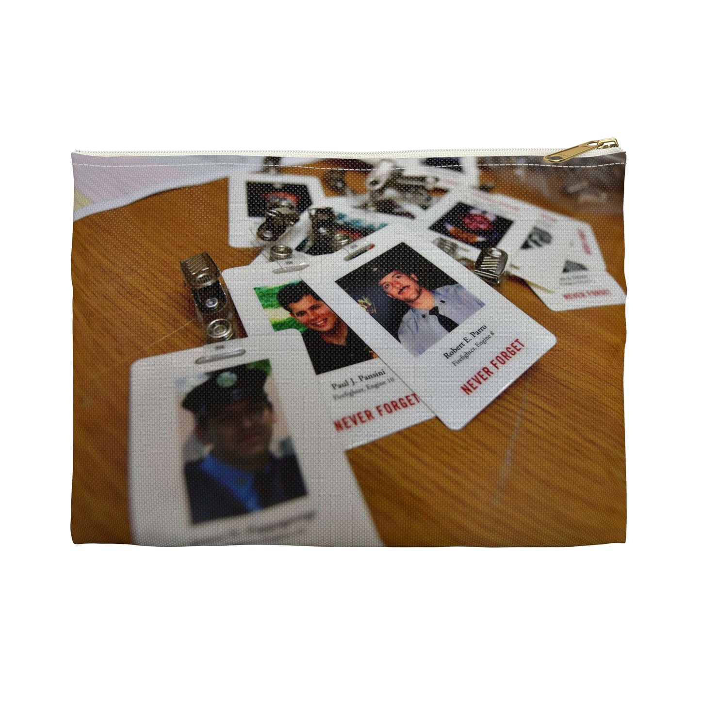 Badges with photos of 9/11 emergency responders, sit Large Organizer Pouch with Black Zipper