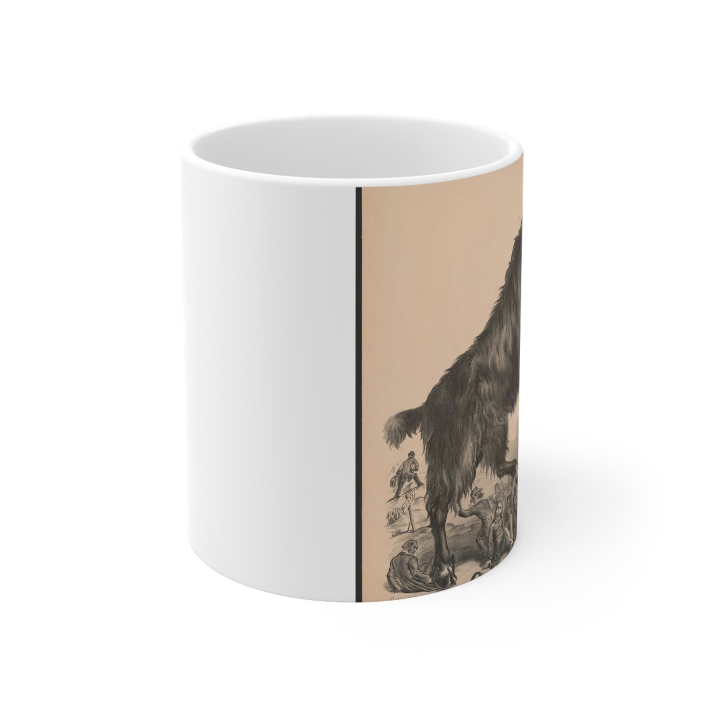 Giant bock goat resting on a keg, holding a mug of beer, men under the goat scrambling Beautiful Novelty Ceramic Coffee Mug 11oz