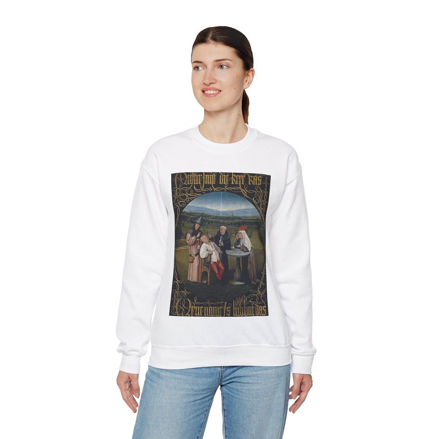 Hieronymus Bosch 053 - A painting of a group of people sitting around a table White Heavy Blend Adult Crew Neck SweatShirt