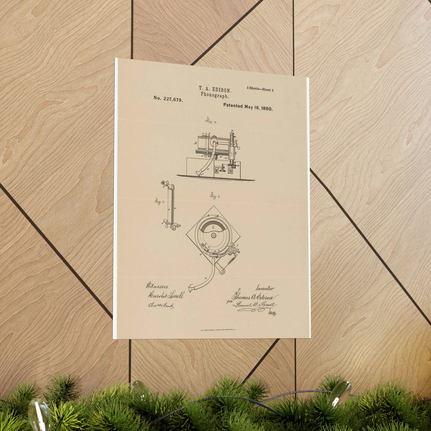 Patent Drawing of Engine - Drawing for a Phonograph Public domain  image High Quality Matte Wall Art Poster for Home, Office, Classroom