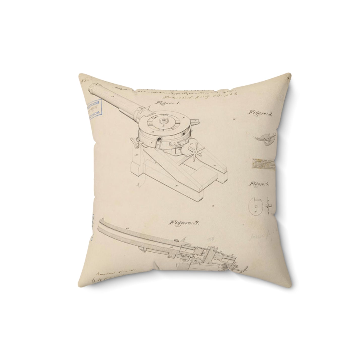 Patent drawing - Drawing of Improvements in Breech-Loading Repeating Cannon Public domain  image Decorative Accent Square Pillow