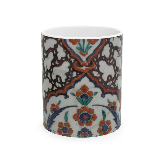 Tile with Floral Cartouche Design on Ebru (Marble Imitation Pattern) Background Beautiful Novelty Ceramic Coffee Mug 11oz