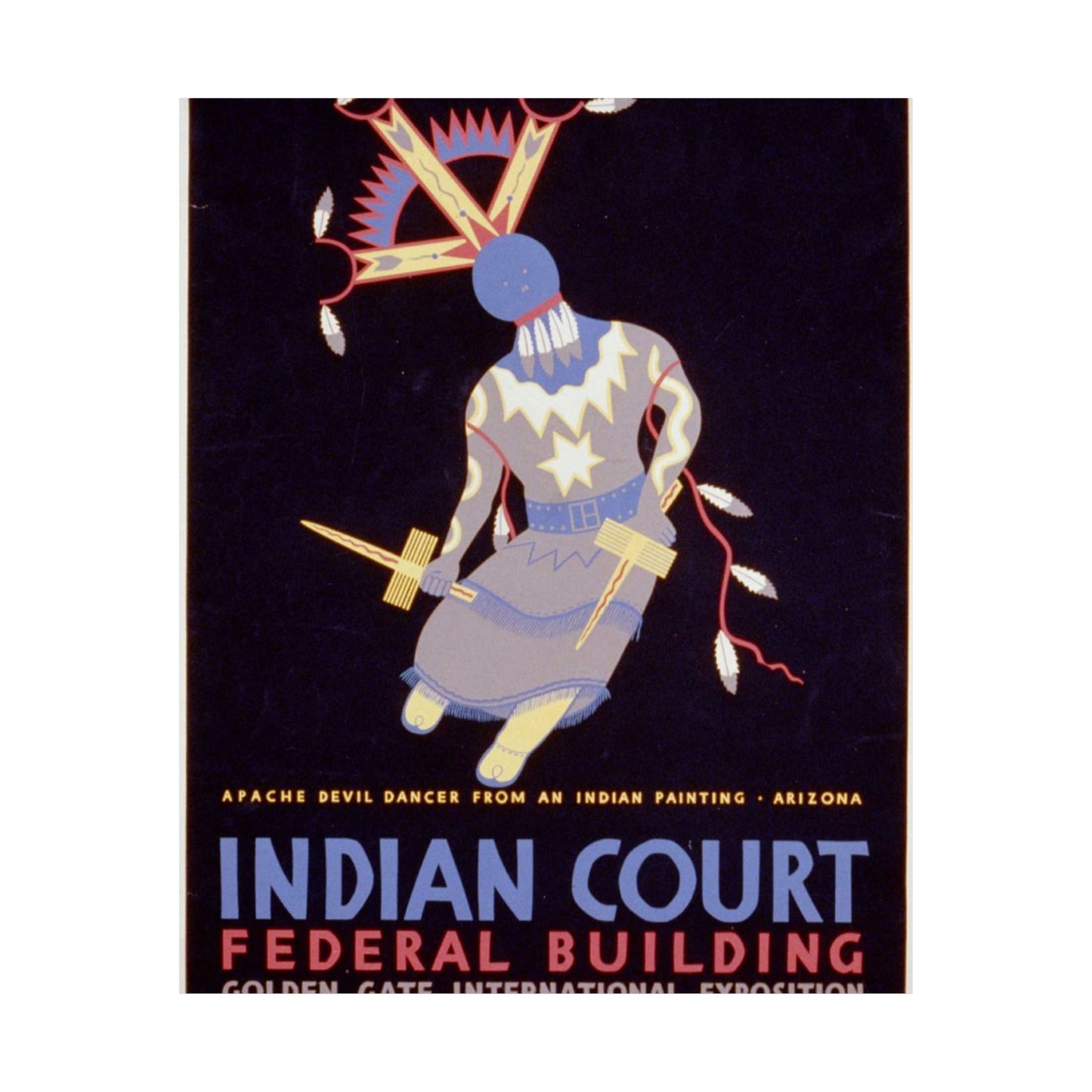 Indian court, Federal Building, Golden Gate International Exposition, San Francisco, 1939 Apache devil dancer from an Indian painting, Arizona / / Siegriest. High Quality Matte Wall Art Poster for Home, Office, Classroom