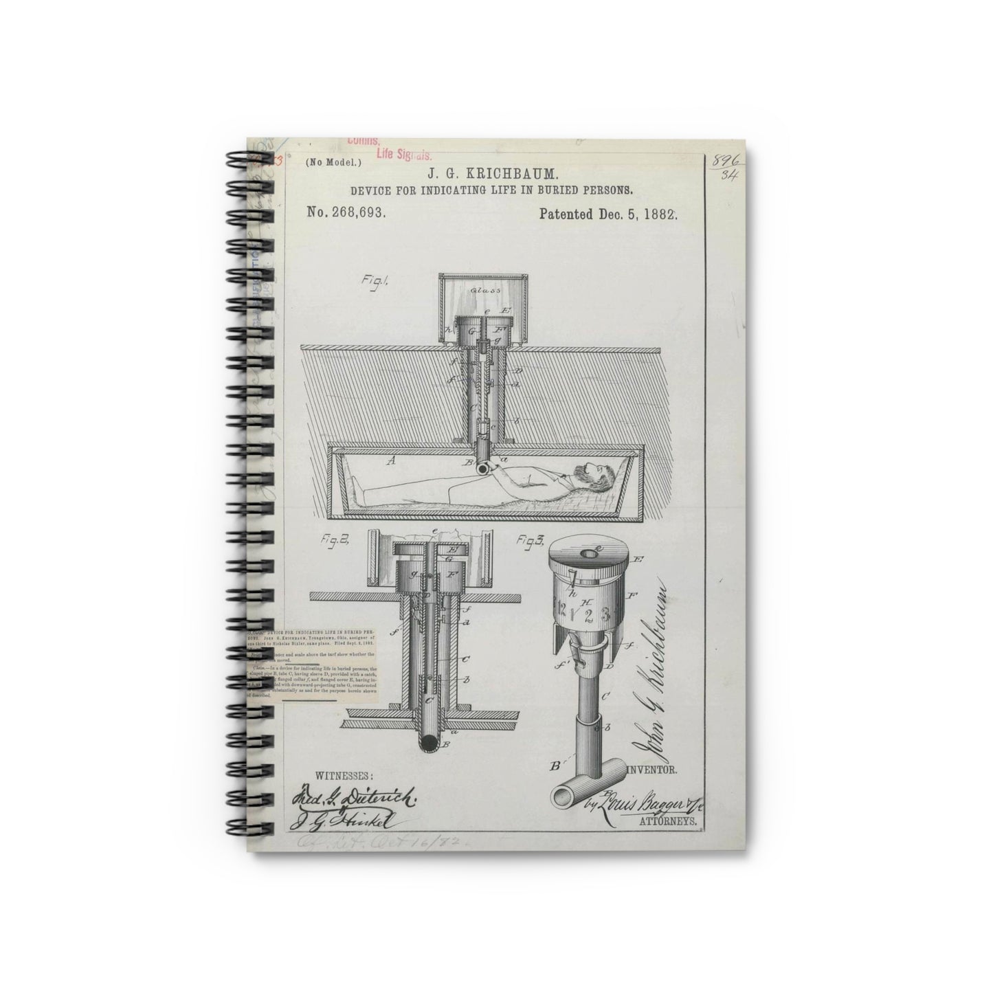 Patent drawing - for J. G. Krichbaum's Device for Indicating Life in Buried Persons Public domain  image Spiral Bound Ruled Notebook with Printed Cover