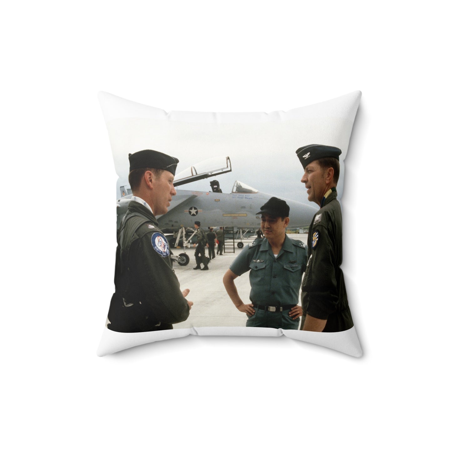 Upon his arrival, LTC Tom Barber (left), is greeted by Exercise Cope North '81-3 directors, COL George Peacock and Japanese Air SelF Defense Force COL V. Nomura Decorative Accent Square Pillow