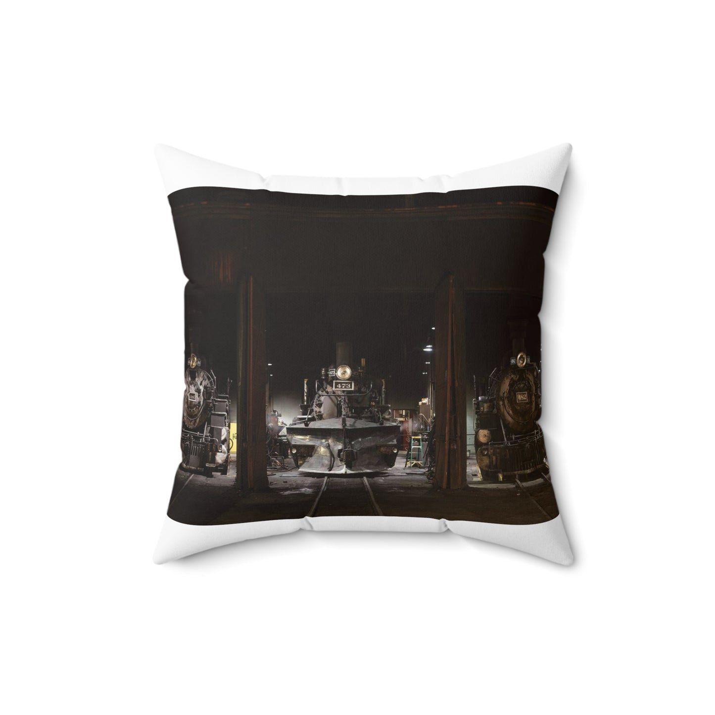 Steam locomotives in the roundhouse of the Durango & Silverton Narrow Gauge Scenic Railroad in Durango, Colorado Decorative Accent Square Pillow