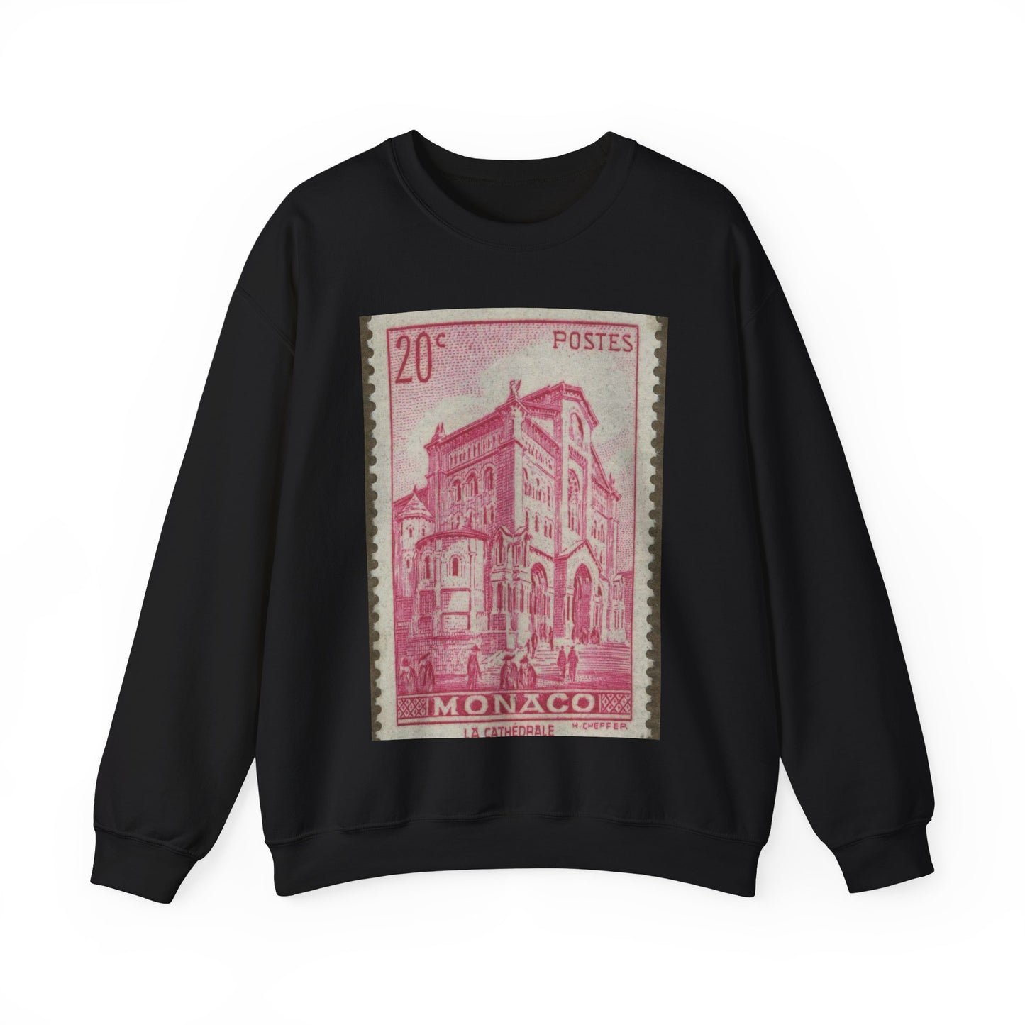 Frimärke ur Gösta Bodmans filatelistiska motivsamling, påbörjad 1950.Frimärke från Monaco, 1939. Motiv av katedralen i Monaco. Black Heavy Blend Adult Crew Neck SweatShirt