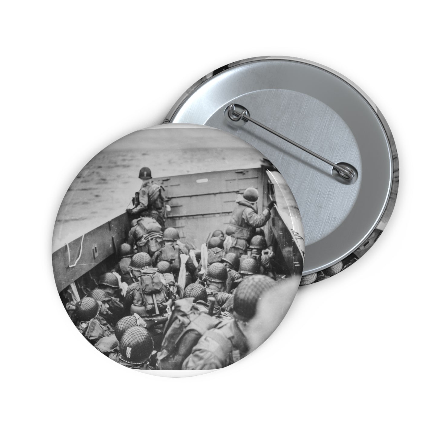 Photograph of Soldiers Crouching Behind the Bulwarks of a Coast Guard Landing Barge Pin Buttons with Crisp Design