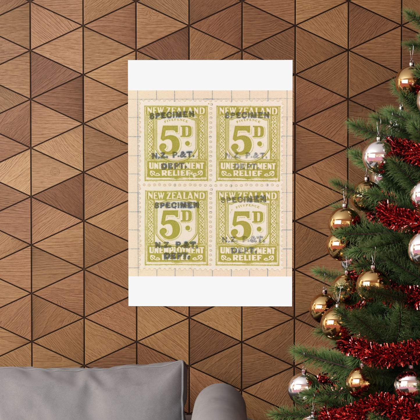 Block of five penny Unemployment Relief stamps overprinted 'Specimen' High Quality Matte Wall Art Poster for Home, Office, Classroom