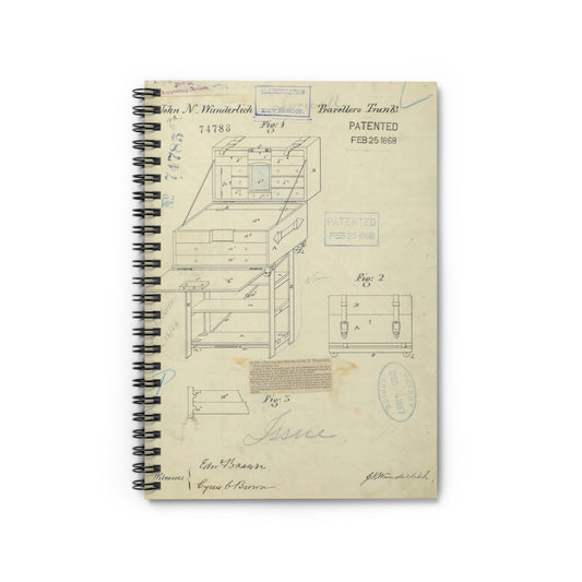 Patent Drawing of Engine - Drawing of a Travelers Trunk Public domain  image Spiral Bound Ruled Notebook with Printed Cover
