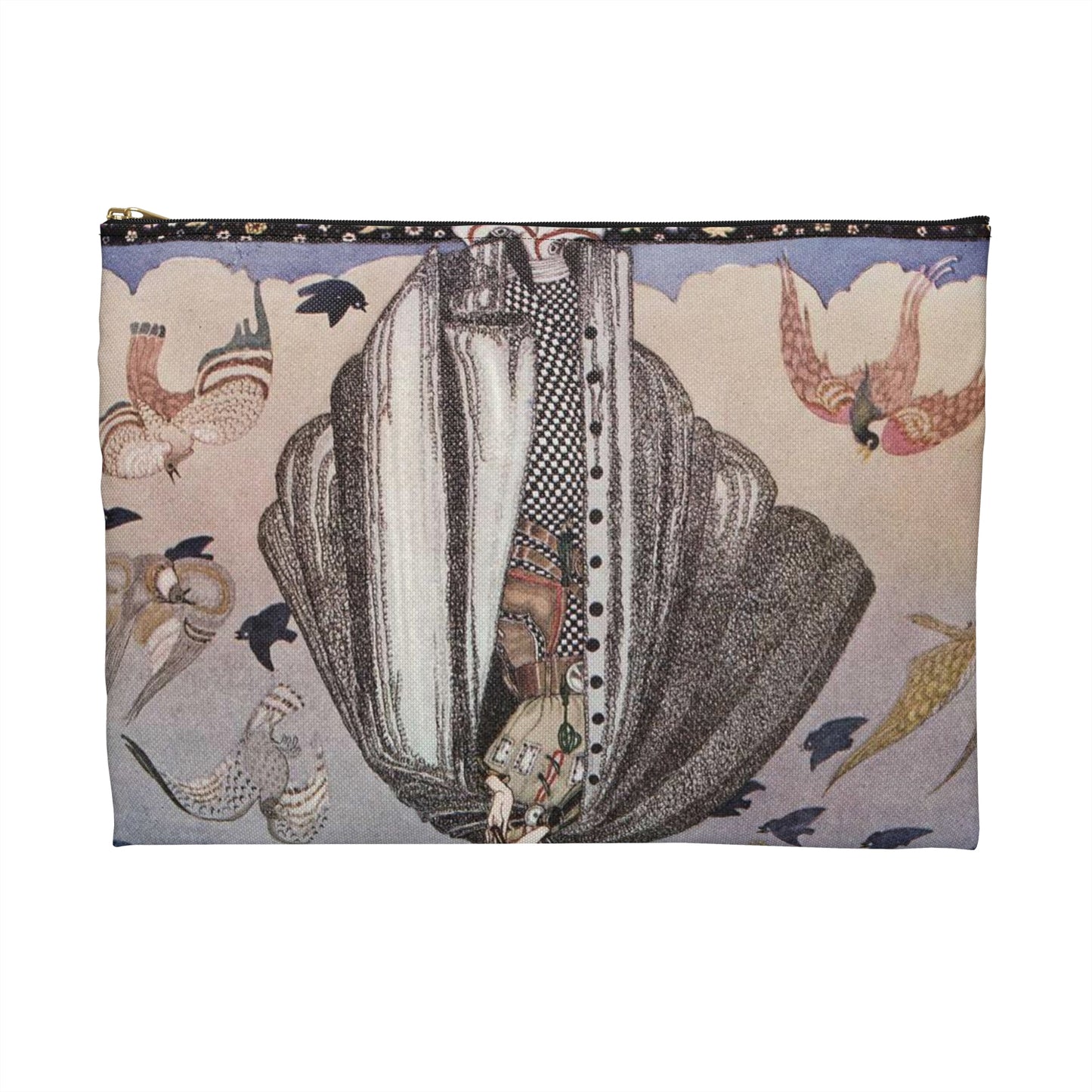 ‘No sooner had he whistled than he heard a whizzing and a whirring from all quarters, and such a large flock of birds swept down that they blackened all the field in which they settled’ (6278219321) Large Organizer Pouch with Black Zipper