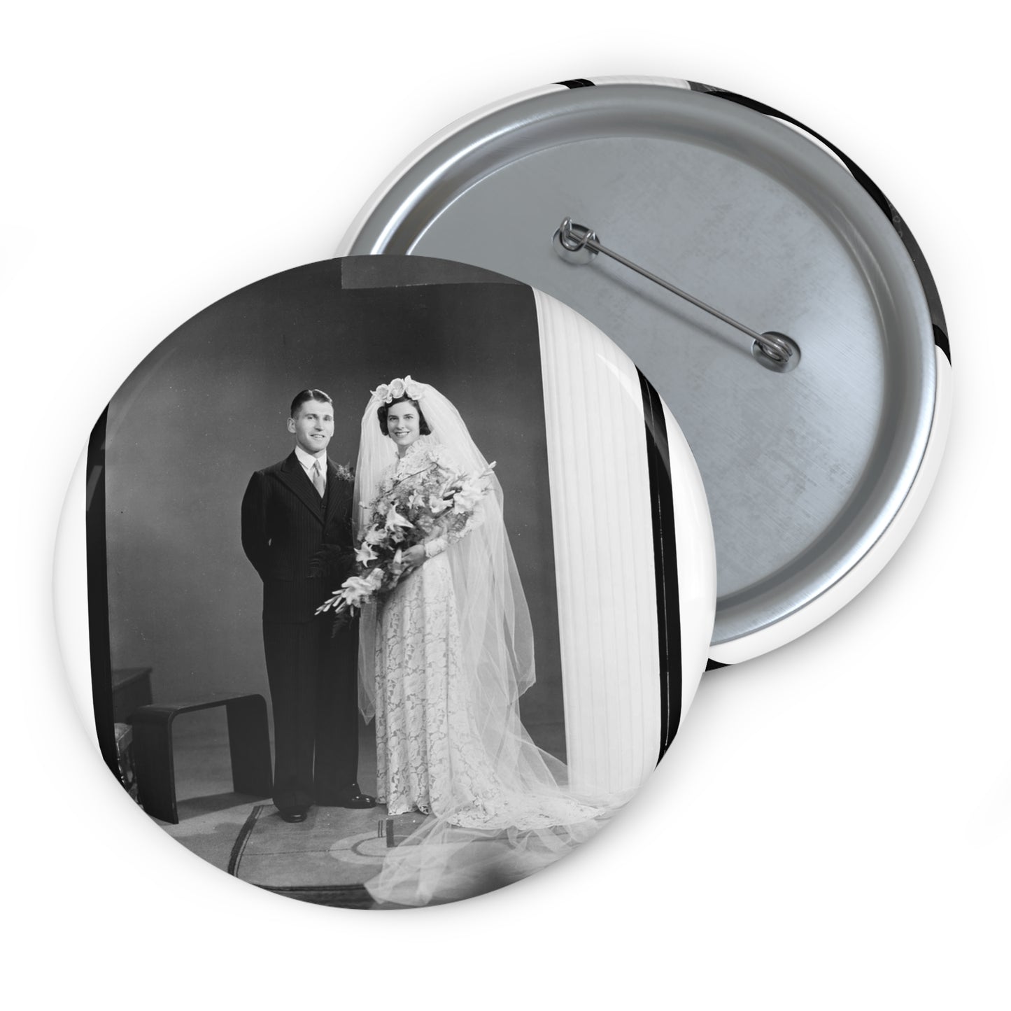 Atkins-Plummer wedding: the bride and groom Pin Buttons with Crisp Design