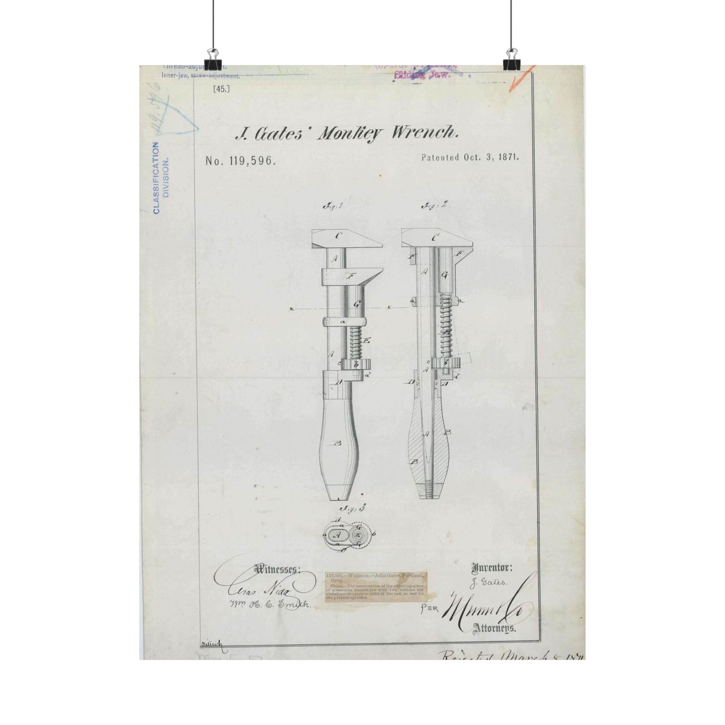 Patent Drawing of Engine - for J. Gates' Monkey Wrench Public domain  image High Quality Matte Wall Art Poster for Home, Office, Classroom