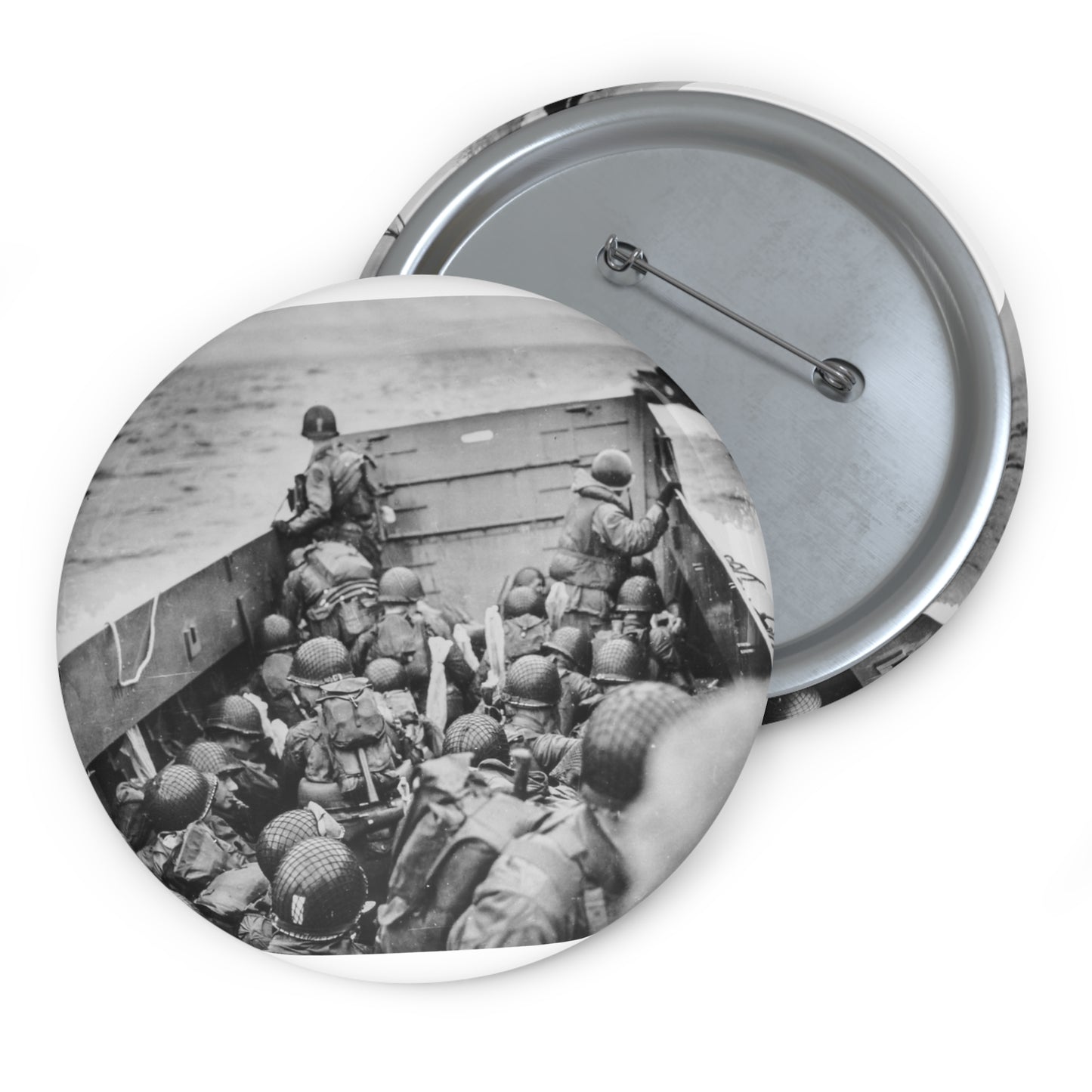 Photograph of Soldiers Crouching Behind the Bulwarks of a Coast Guard Landing Barge Pin Buttons with Crisp Design