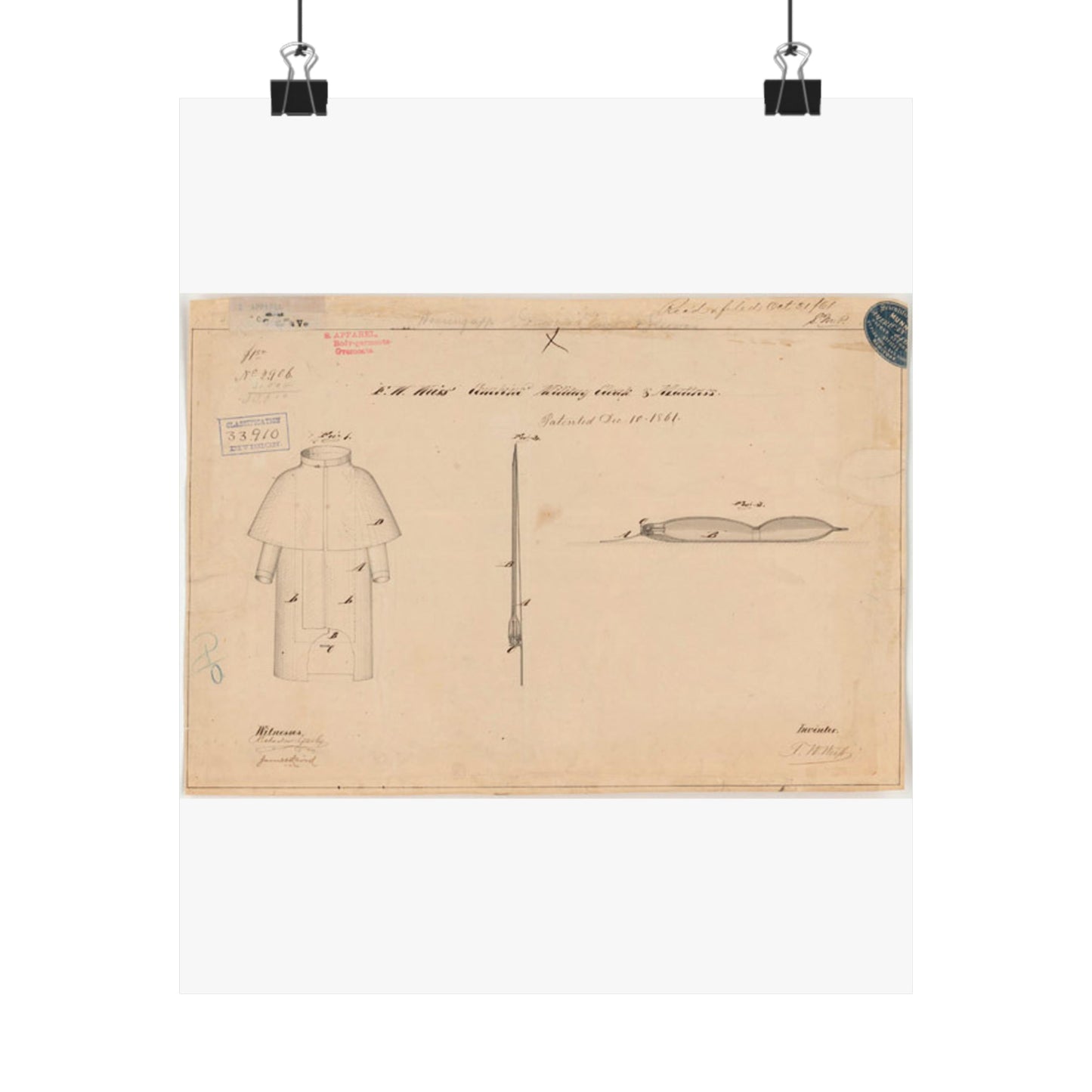 Patent drawing - Drawing of Combined Military Cloak and Mattress Public domain  image High Quality Matte Wall Art Poster for Home, Office, Classroom