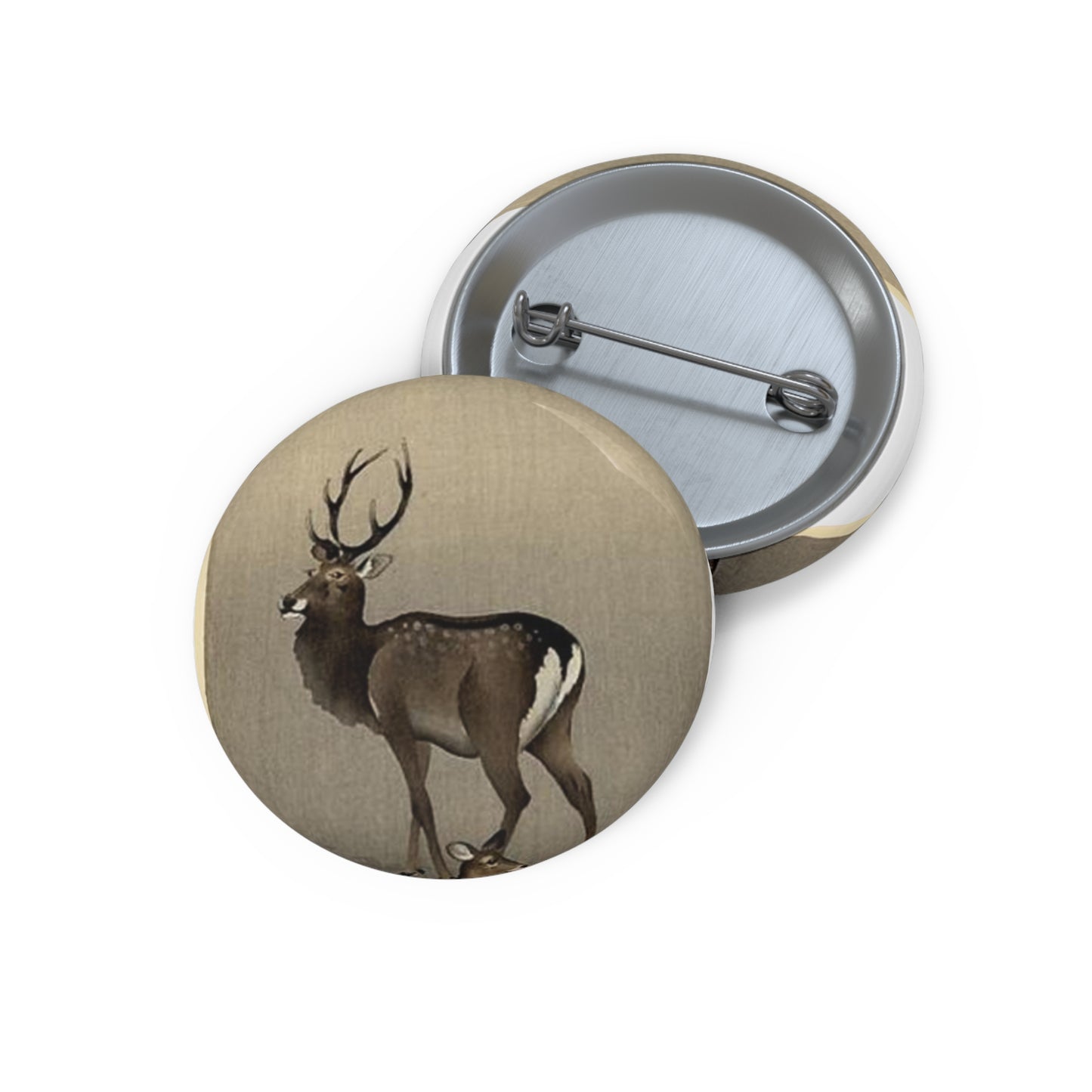 Koson - stag-and-recumbent-doe, Ohara Koson Pin Buttons with Crisp Design