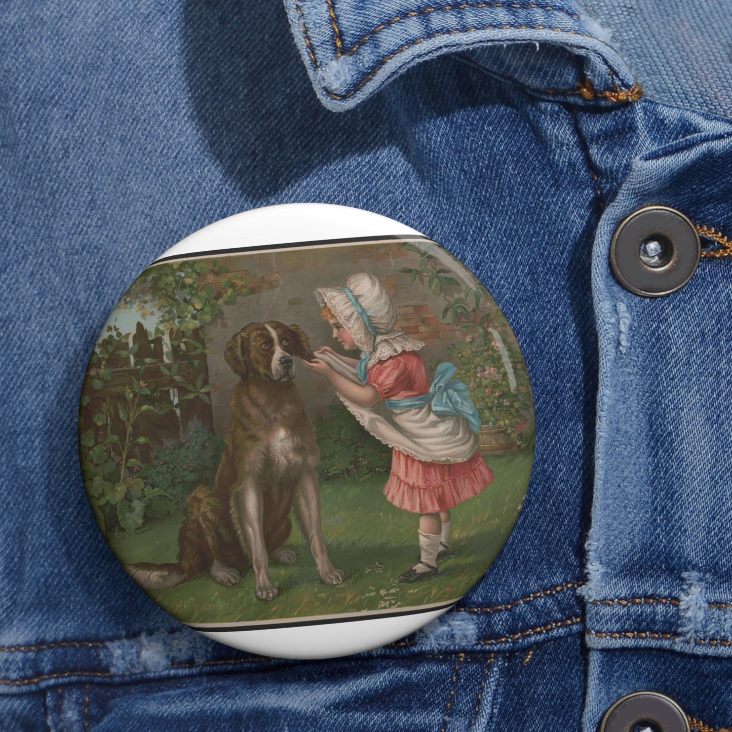 Girl in pink dress and white bonnet with dog Pin Buttons with Crisp Design