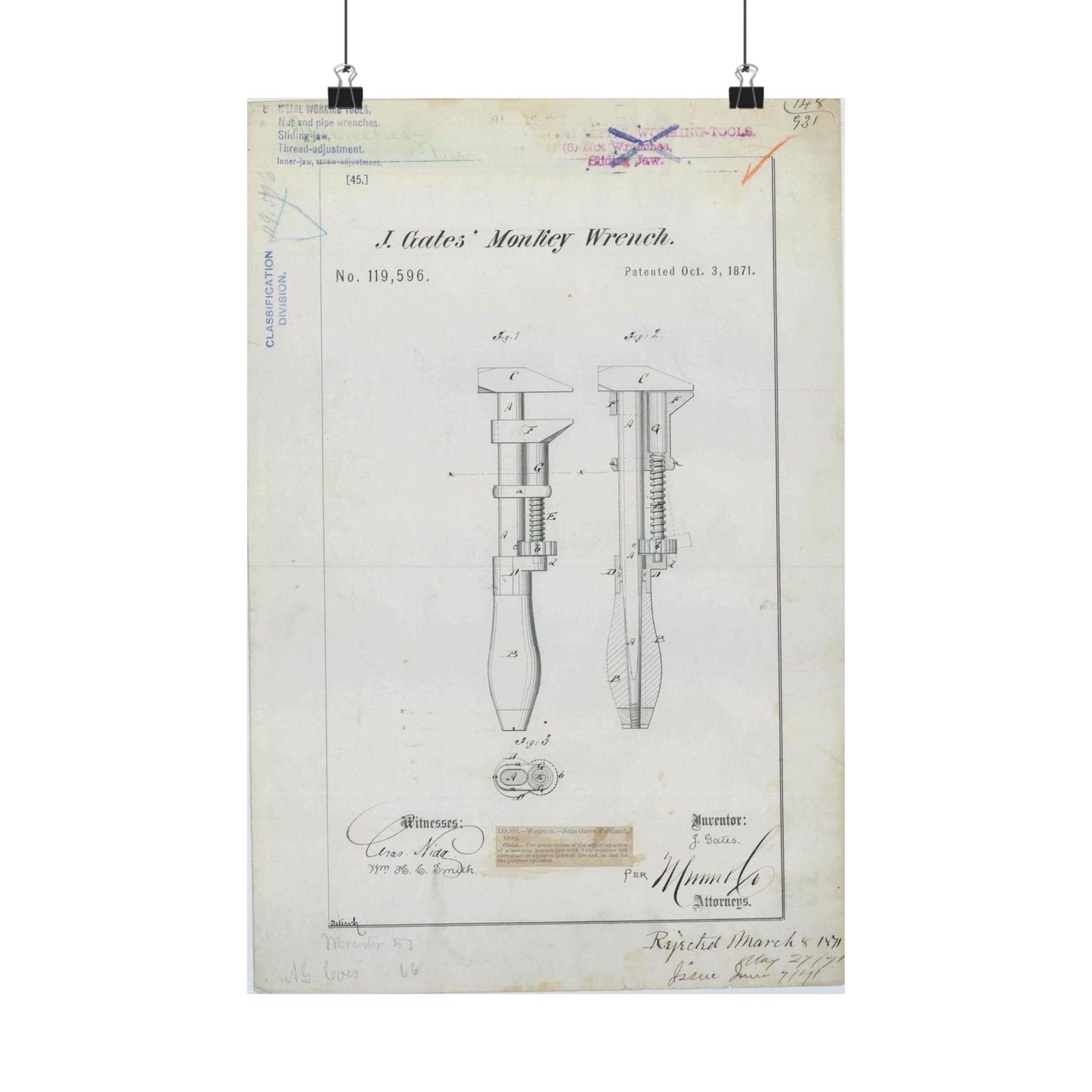 Patent Drawing of Engine - for J. Gates' Monkey Wrench Public domain  image High Quality Matte Wall Art Poster for Home, Office, Classroom