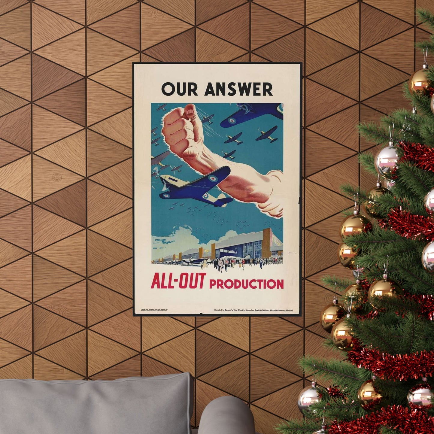 Our Answer All-Out Production, Canada, WWII Propaganda Poster High Quality Matte Wall Art Poster for Home, Office, Classroom