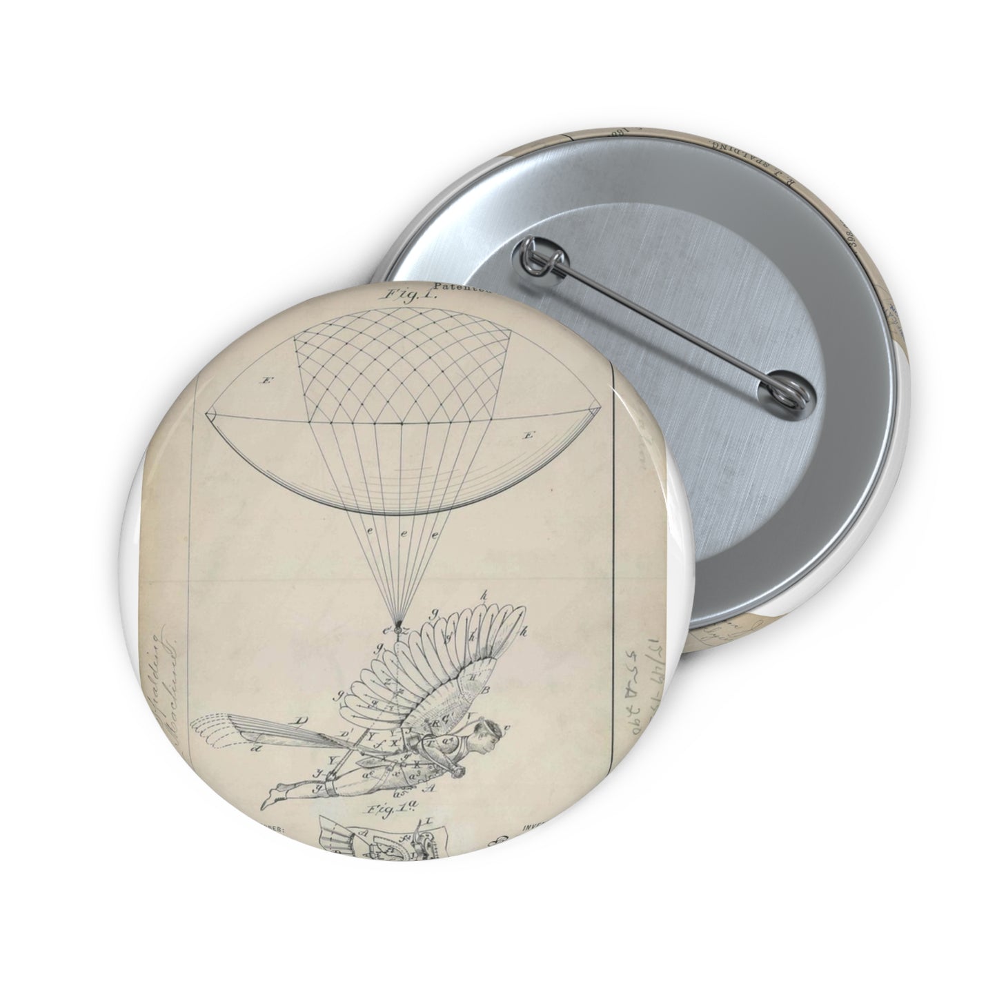 Patent drawing - for R. J. Spalding's Flying Machine Public domain  image Pin Buttons with Crisp Design