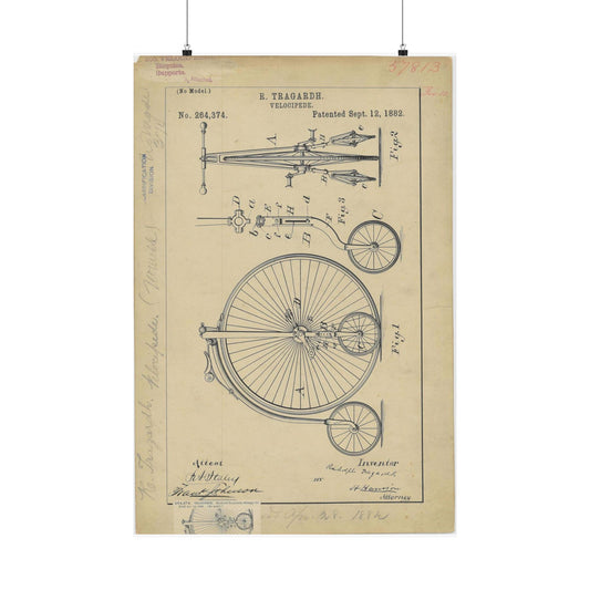 Patent drawing - Drawing of a Velocipede Public domain  image High Quality Matte Wall Art Poster for Home, Office, Classroom