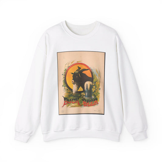 Bock Beer, the head of a goat inside an oval, with a stein of beer sitting on a bed of hops, underneath the oval White Heavy Blend Adult Crew Neck SweatShirt