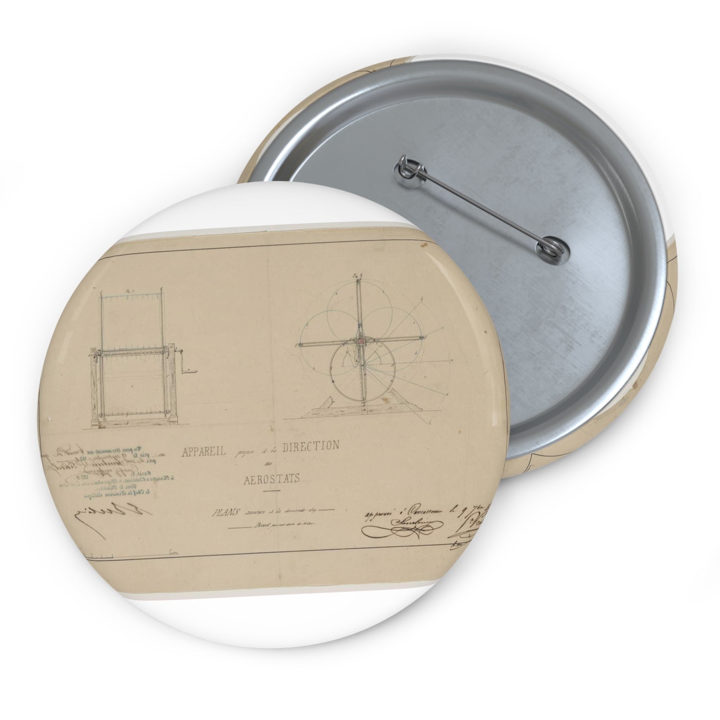 Patent drawing - Appareil propre à la direction des aerostats plans annèxes à la demande d'un brevet pour une durée de 15 ans / / apprové à [...] Sourbieu & Pre. Pradel, 1852 septembre 9. Public domain  image Pin Buttons with Crisp Design