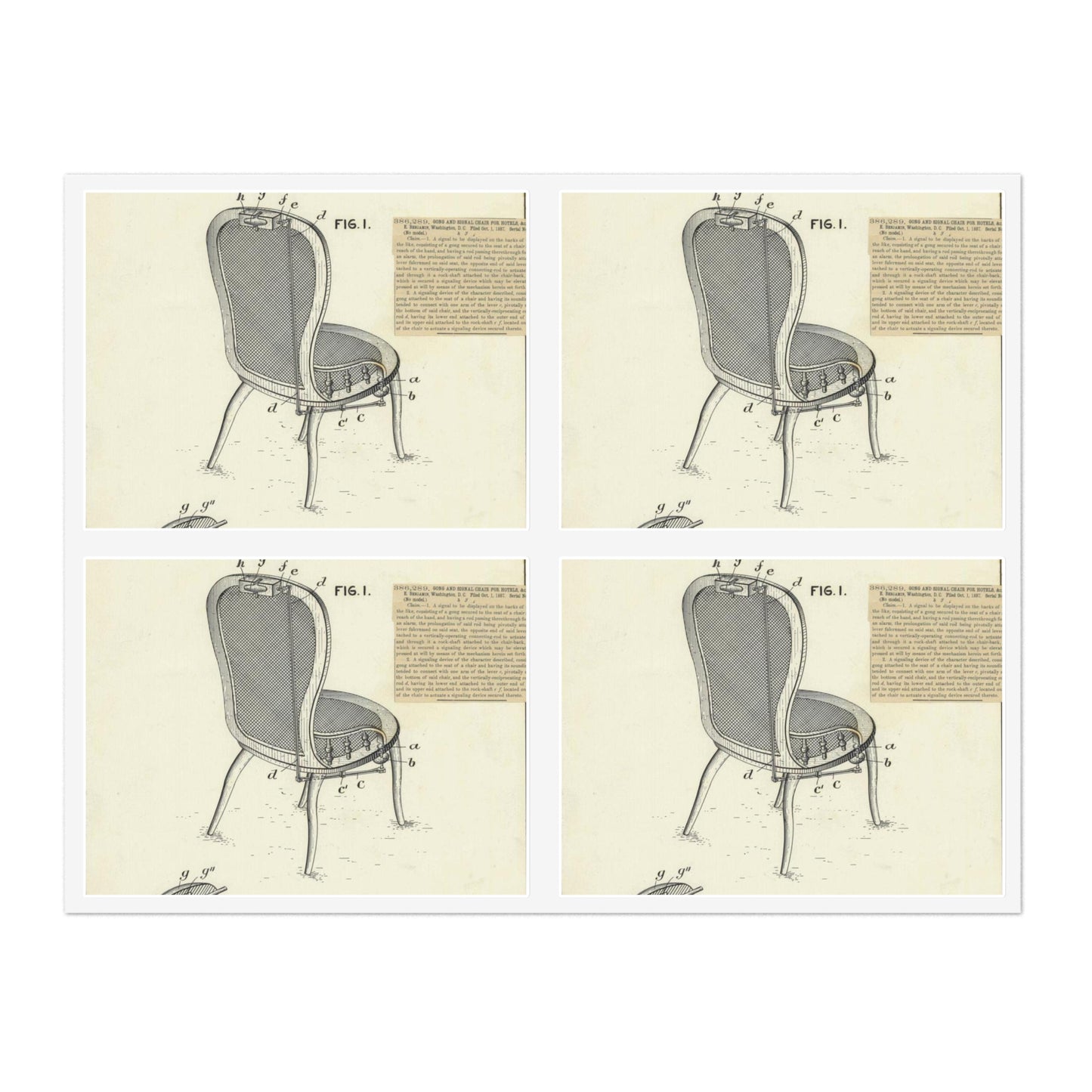 Patent drawing - for M. E. Benjamin's Gong and Signal Chair for Hotels Public domain  image Laminated UV Protective Vinyl Stickers