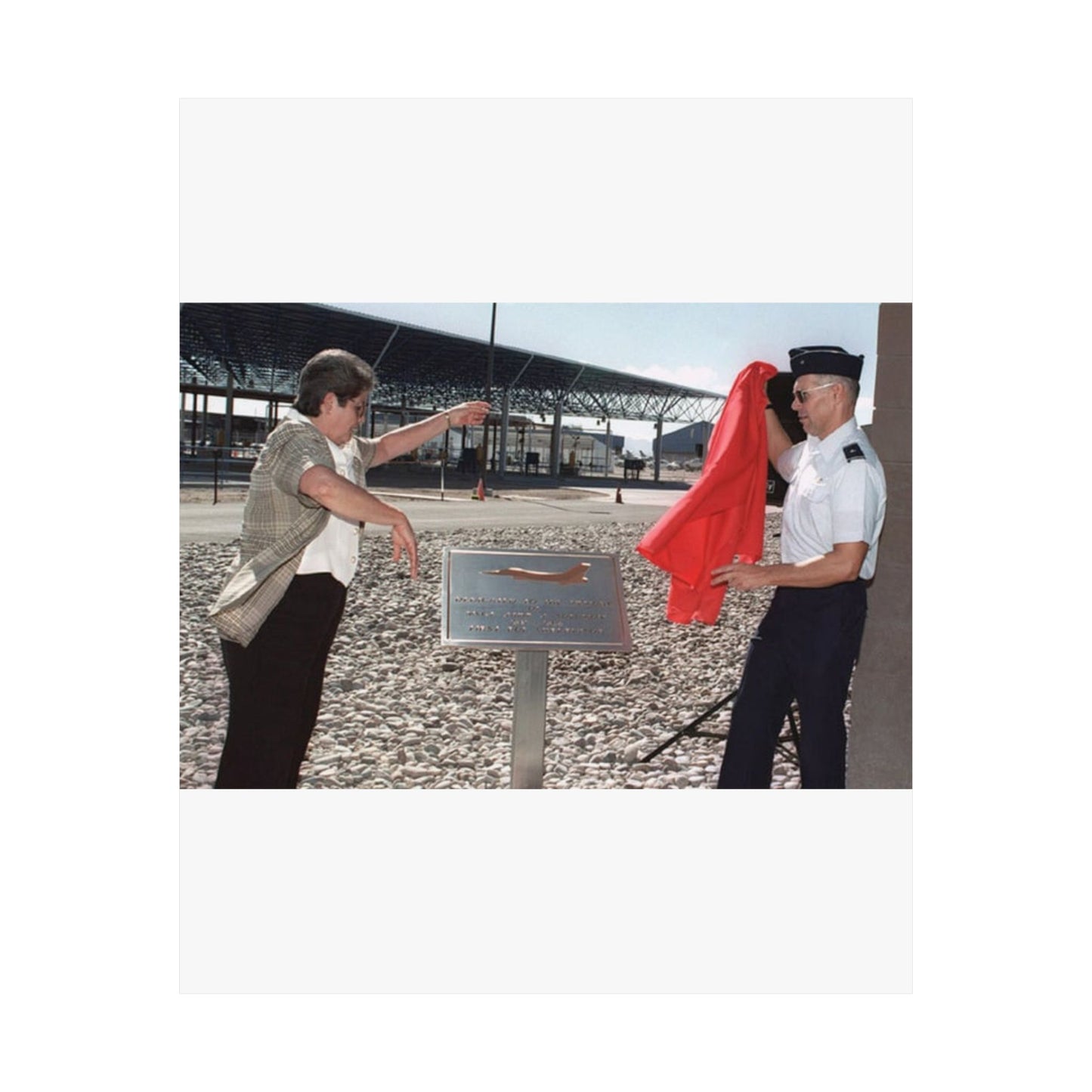 In memory of US Air Force MASTER Sergeant Jamie Solomon, US Air Force Brigadier General Mensching and Mrs. Solomon unveil the dedication of the new POL facilities in Tucson, Arizona High Quality Matte Wall Art Poster for Home, Office, Classroom