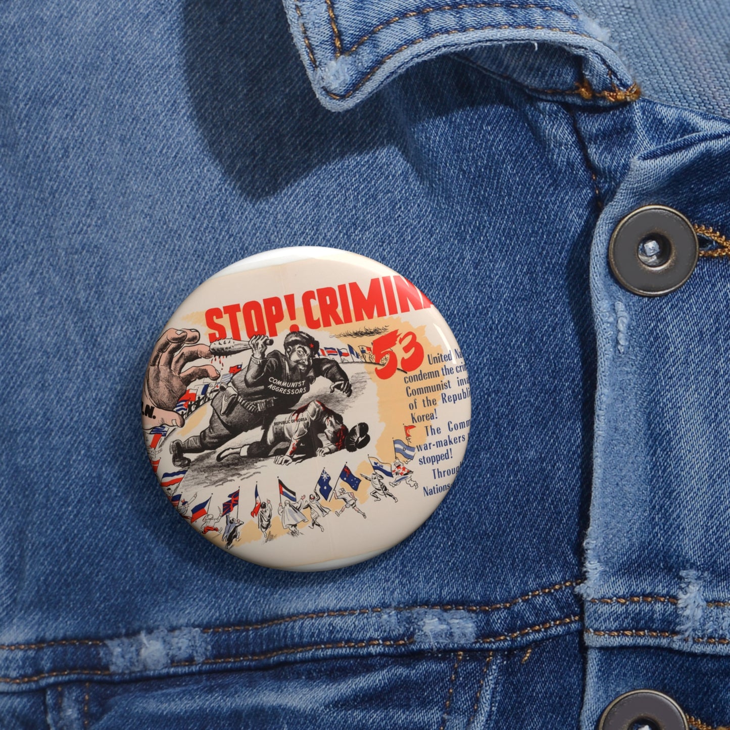 Stop Criminal!, Cold War American Propaganda poster Pin Buttons with Crisp Design