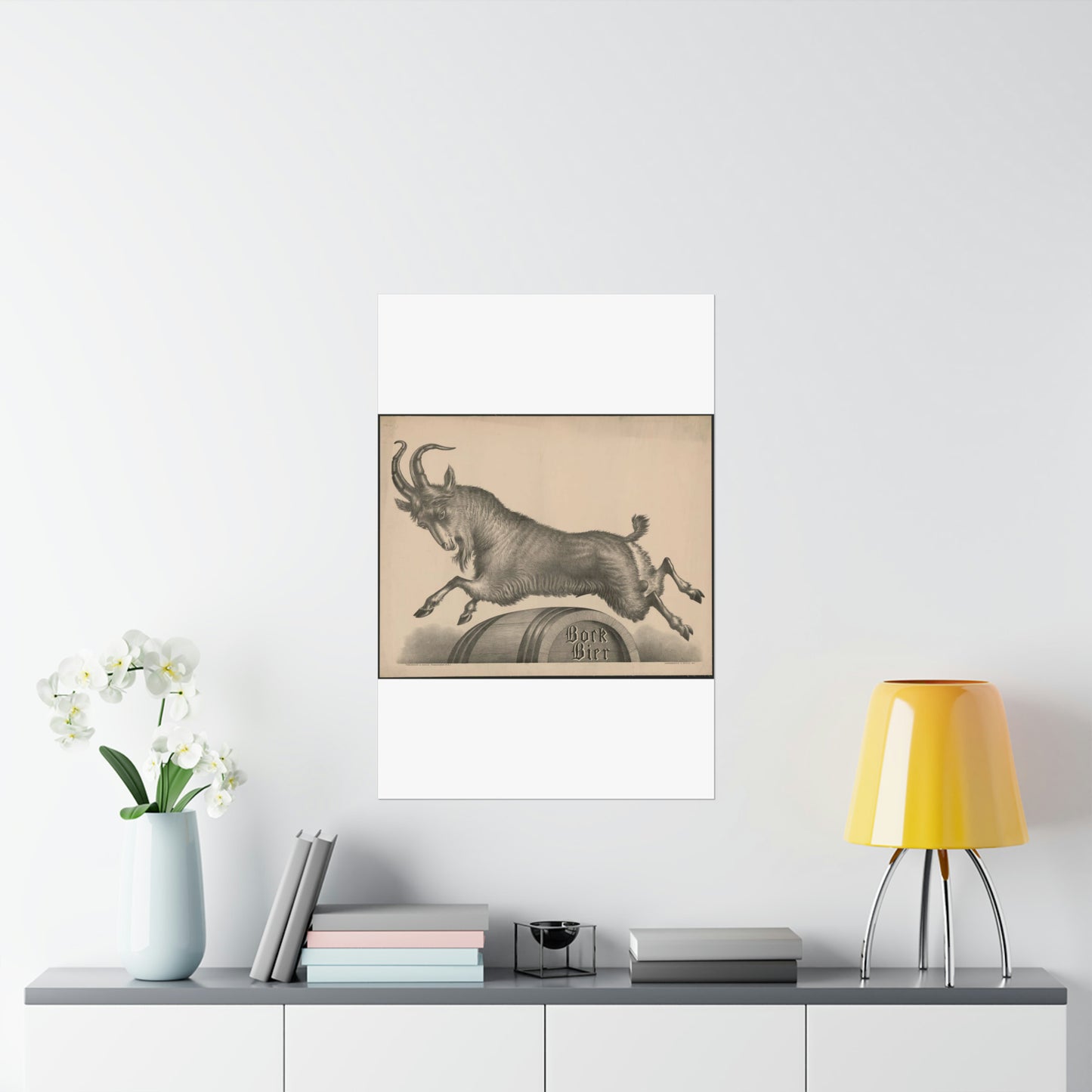 Bock Bier goat jumping over barrel marked with title High Quality Matte Wall Art Poster for Home, Office, Classroom