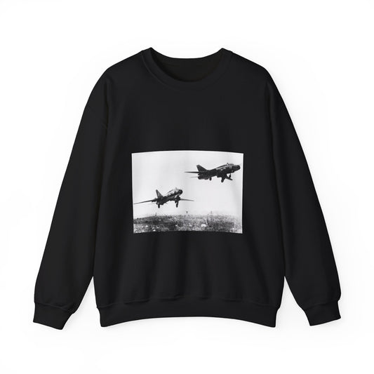 A right side view of a Soviet Su-17 Fitter-G, right, and a Fitter-H aircraft taking off together Black Heavy Blend Adult Crew Neck SweatShirt