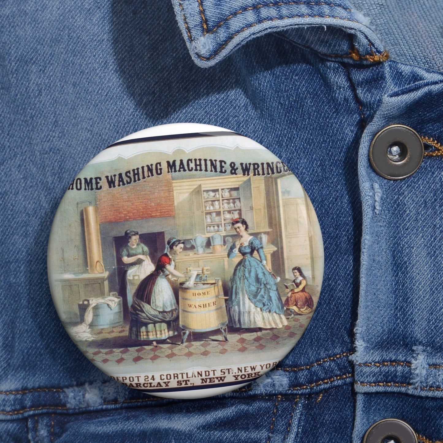 Home washing machine & wringer - A painting of women washing machines in a kitchen Pin Buttons with Crisp Design