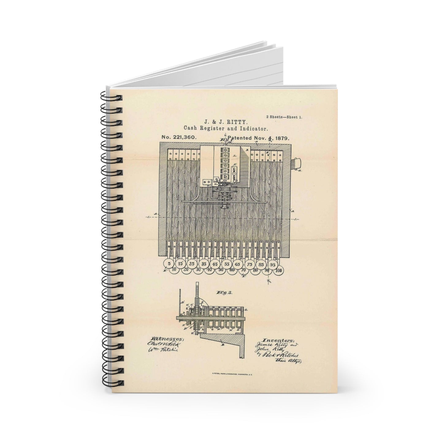 Patent Case File No. 221,360, Improvement in Cash Register and Indicator, Inventors James Ritty and John Ritty - DPLA - 97a8d8a47b402db2ecfd9cac6a3dd8e6 (page 50) Spiral Bound Ruled Notebook with Printed Cover