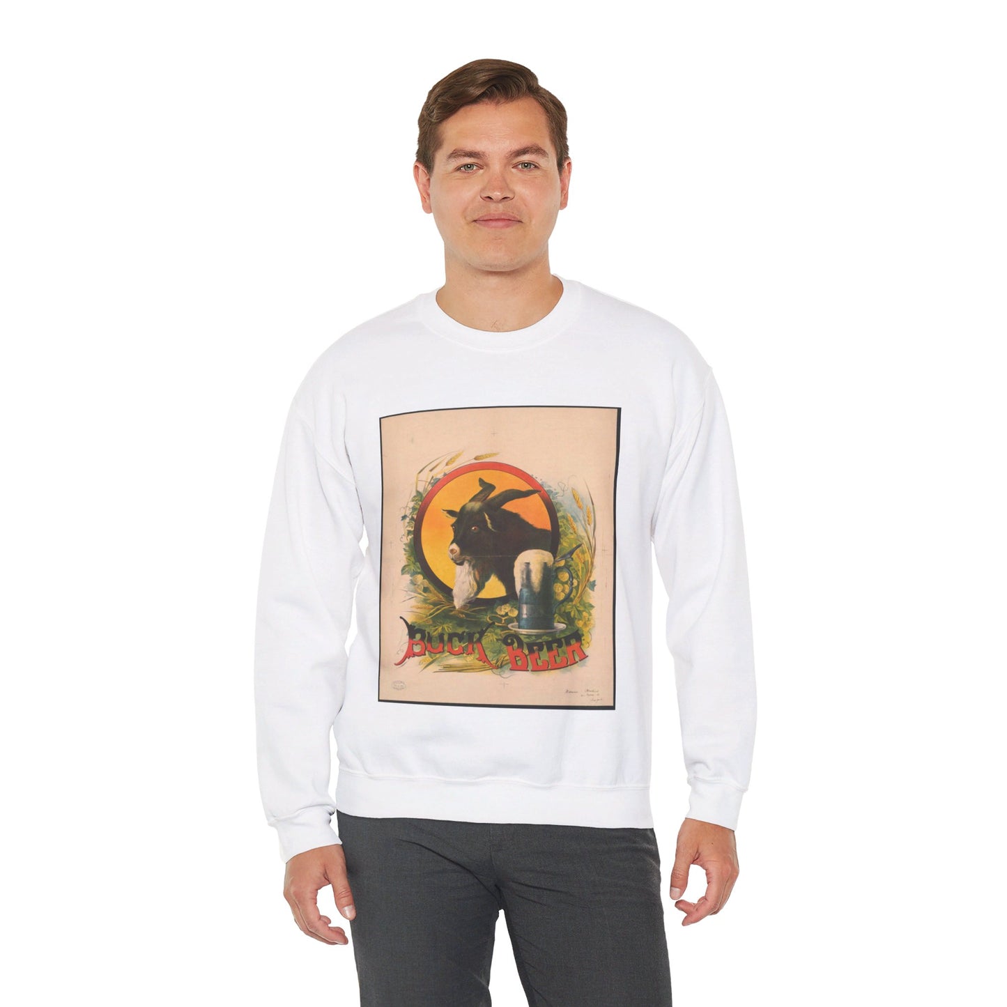 Bock Beer, the head of a goat inside an oval, with a stein of beer sitting on a bed of hops, underneath the oval White Heavy Blend Adult Crew Neck SweatShirt