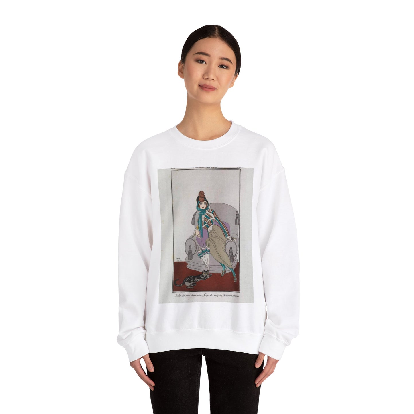 Jacket and skirt (Veste de soie écossaise. Jupe de crépon de coton souris) (CBL WEp 0946) White Heavy Blend Adult Crew Neck SweatShirt