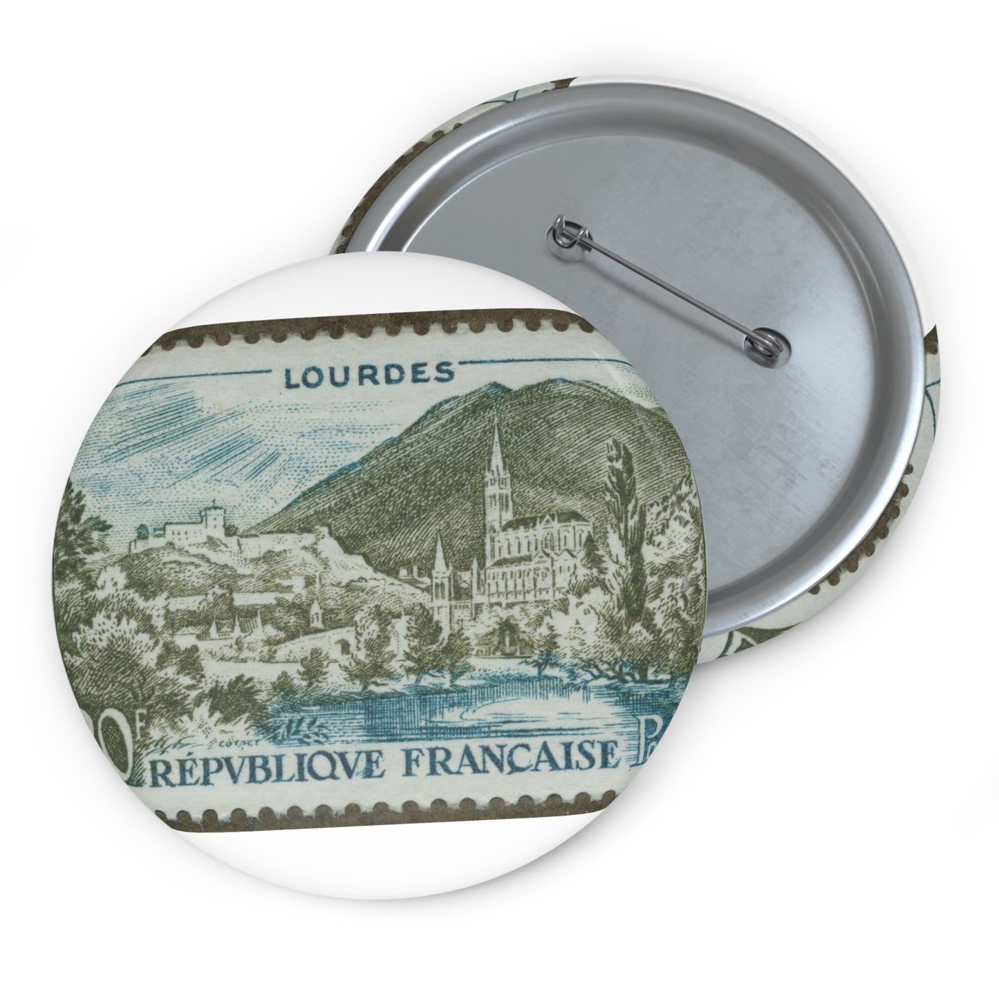 Frimärke ur Gösta Bodmans filatelistiska motivsamling, påbörjad 1950.Frimärke från Frankrike, 1954. Motiv av kyrkan vid Lourdes. "Undergörande vatten". Pin Buttons with Crisp Design