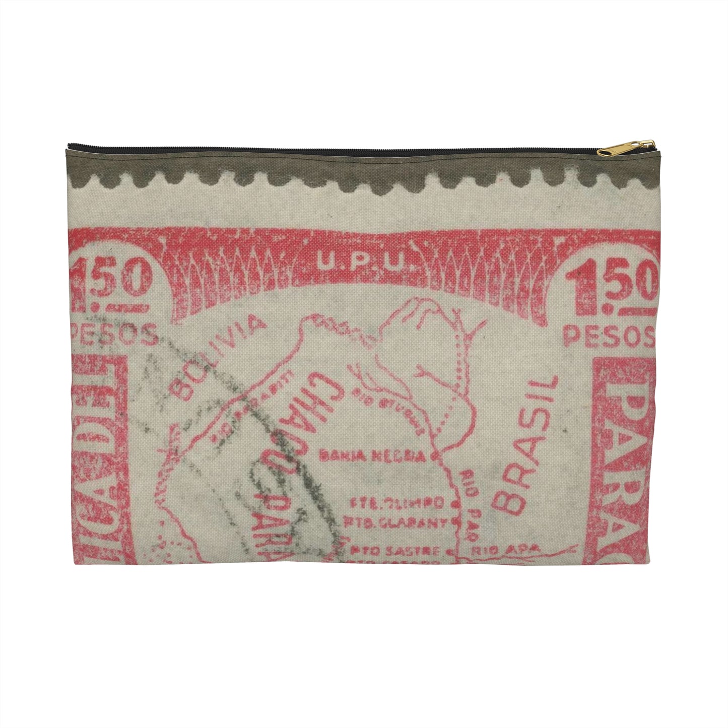 Frimärke ur Gösta Bodmans filatelistiska motivsamling, påbörjad 1950.Frimärke från Paraguay, 1935. Motiv av karta över Paraguay, Grand Chaco. Large Organizer Pouch with Black Zipper