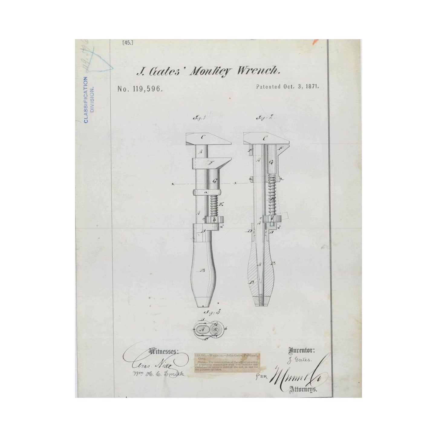 Patent Drawing of Engine - for J. Gates' Monkey Wrench Public domain  image High Quality Matte Wall Art Poster for Home, Office, Classroom