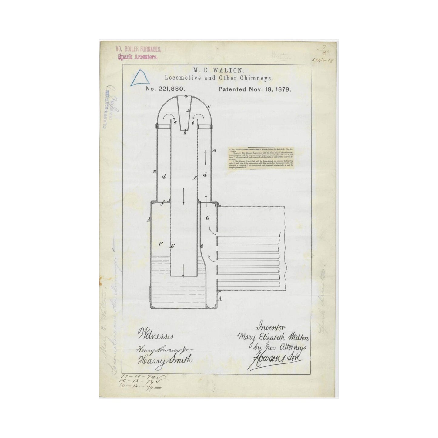 Patent Drawing of Engine - for M. E. Walton's Locomotive and Other Chimneys Public domain  image High Quality Matte Wall Art Poster for Home, Office, Classroom