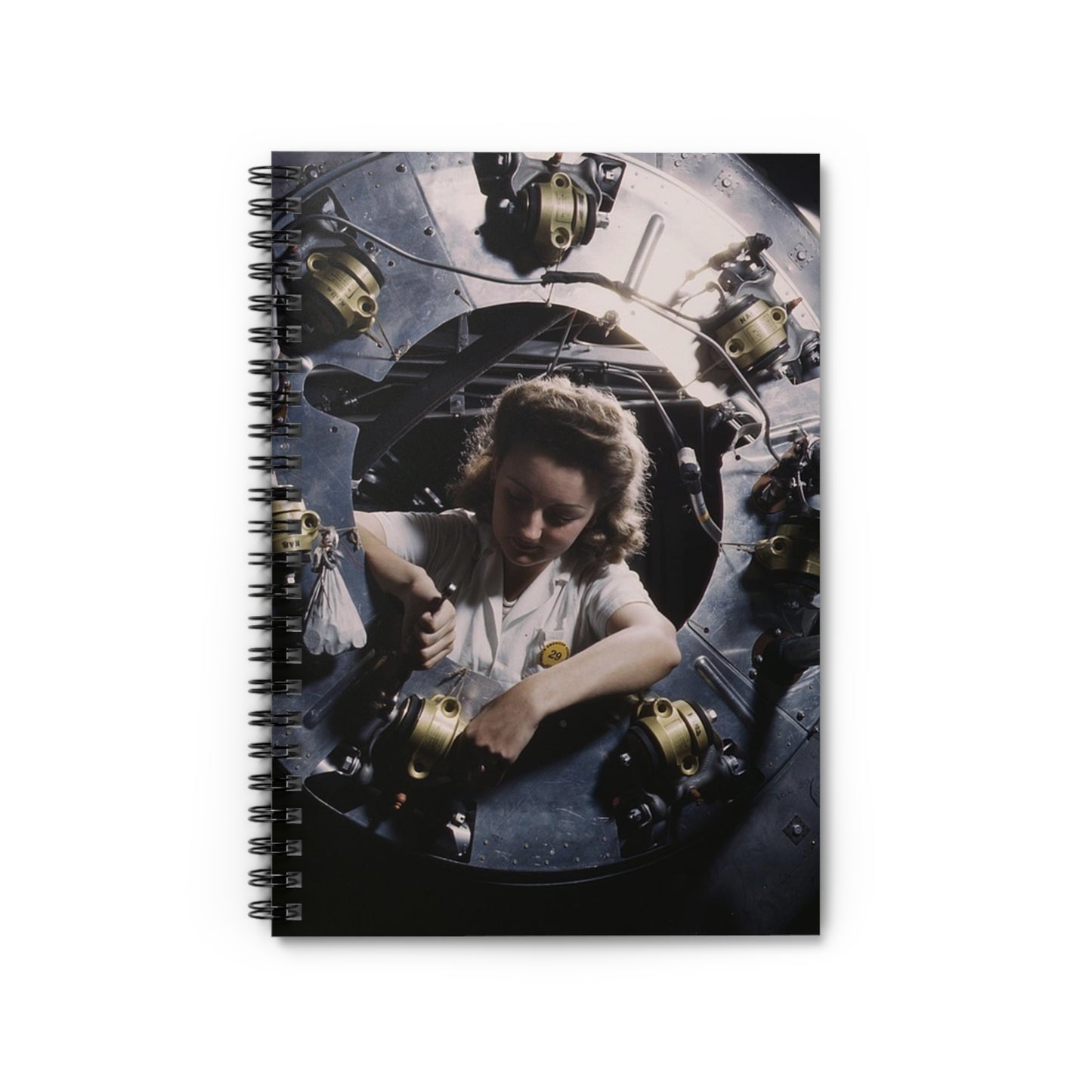 Part of the cowling for one of the motors for a B-25 bomber is assembled in the engine department of North American [Aviation, Inc.]'s Inglewood, Calif., plant Spiral Bound Ruled Notebook with Printed Cover