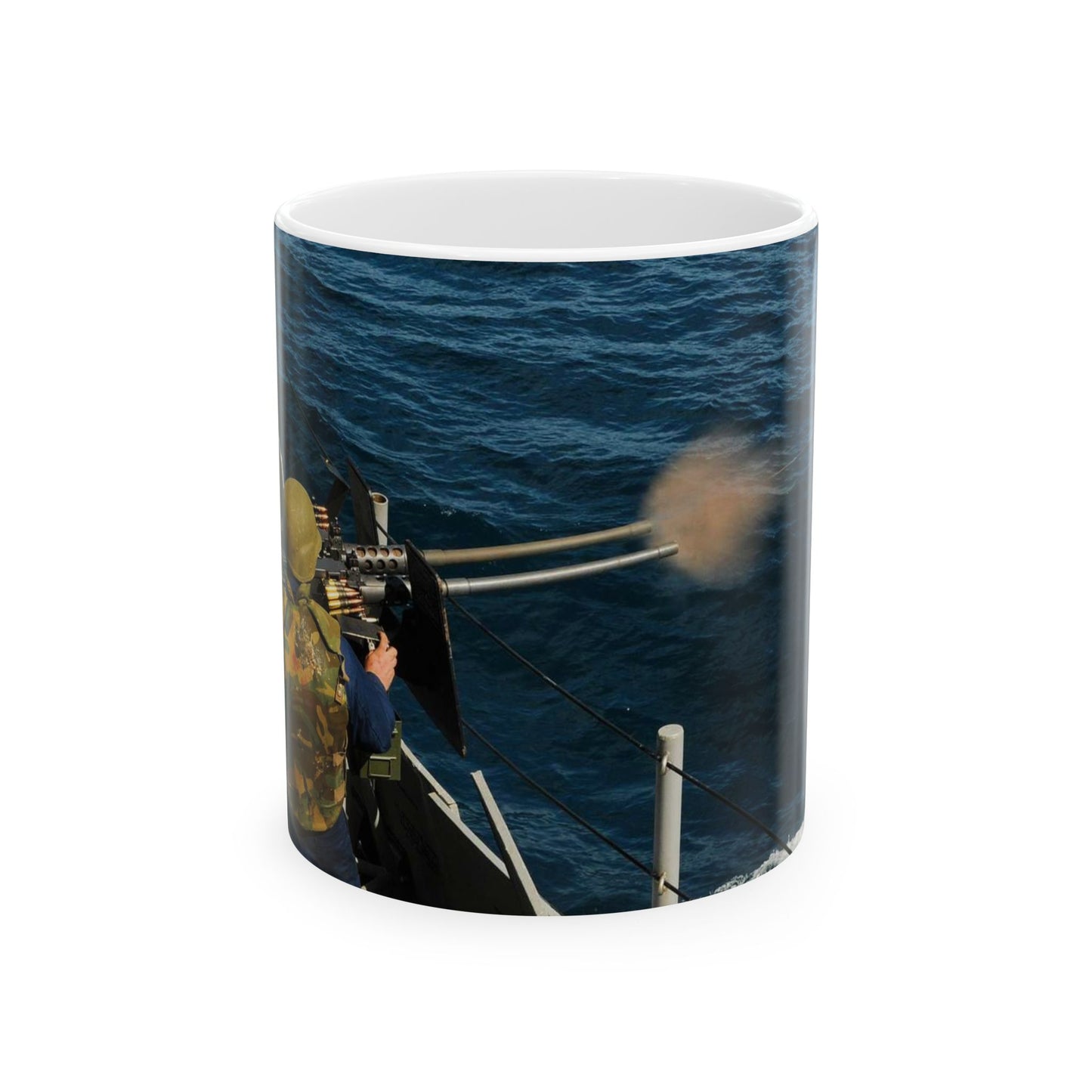 US Navy 110514-N-YM590-214 Gunner's Mate 2nd Class Charles H. Talbert fires a .50-caliber machine gun during a crew-served weapons certification ex Beautiful Novelty Ceramic Coffee Mug 11oz