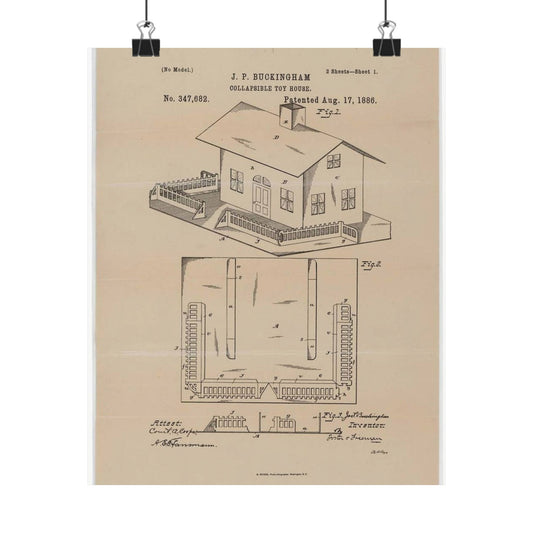 Patent Drawing of Engine - Drawing for a Collapsible Toy House Public domain  image High Quality Matte Wall Art Poster for Home, Office, Classroom